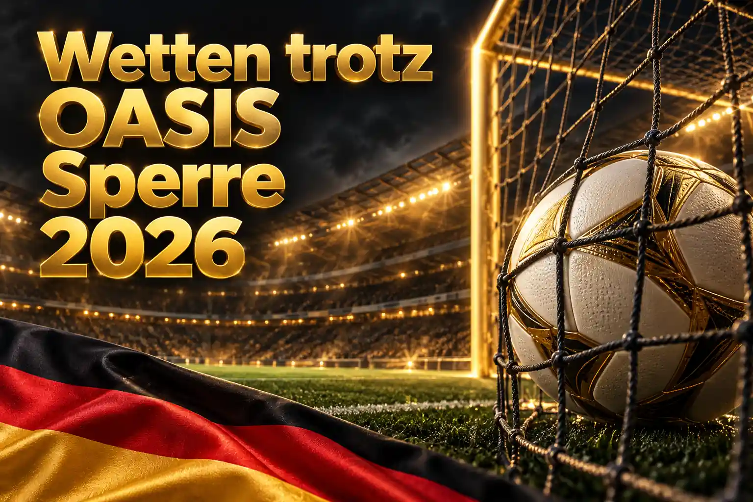Wetten trotz OASIS Sperre 2026 – goldener Schriftzug im Fußballstadion mit weiß-goldenem Ball im Tornetz und deutscher Flagge